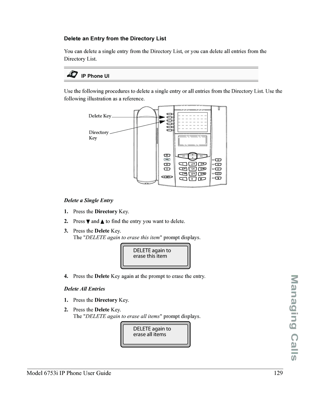 Aastra Telecom 6753I manual Model 6753i IP Phone User Guide 129, Delete an Entry from the Directory List 