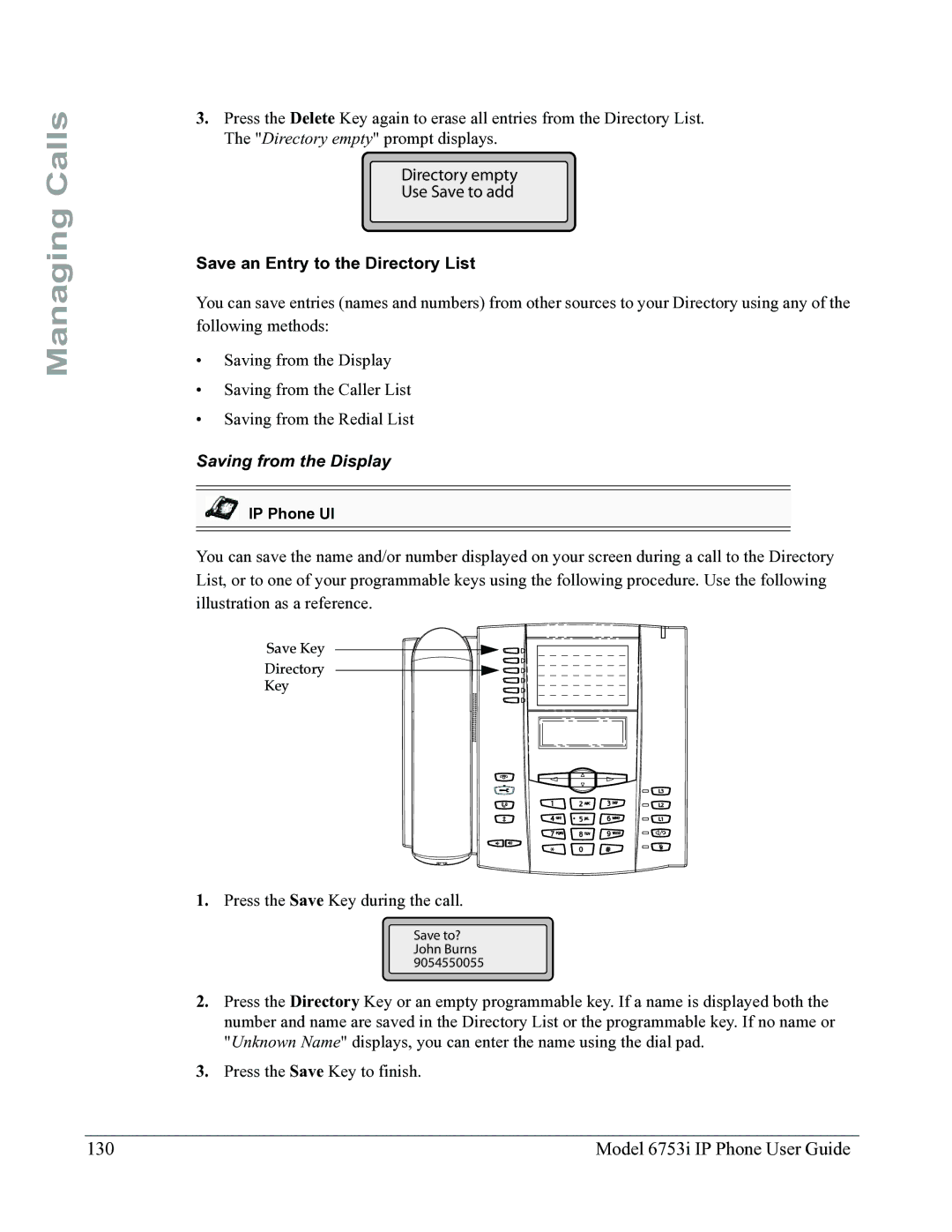 Aastra Telecom 6753I manual Model 6753i IP Phone User Guide, Save an Entry to the Directory List, Saving from the Display 