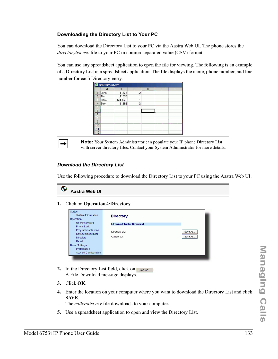 Aastra Telecom 6753I manual Model 6753i IP Phone User Guide 133, Downloading the Directory List to Your PC 