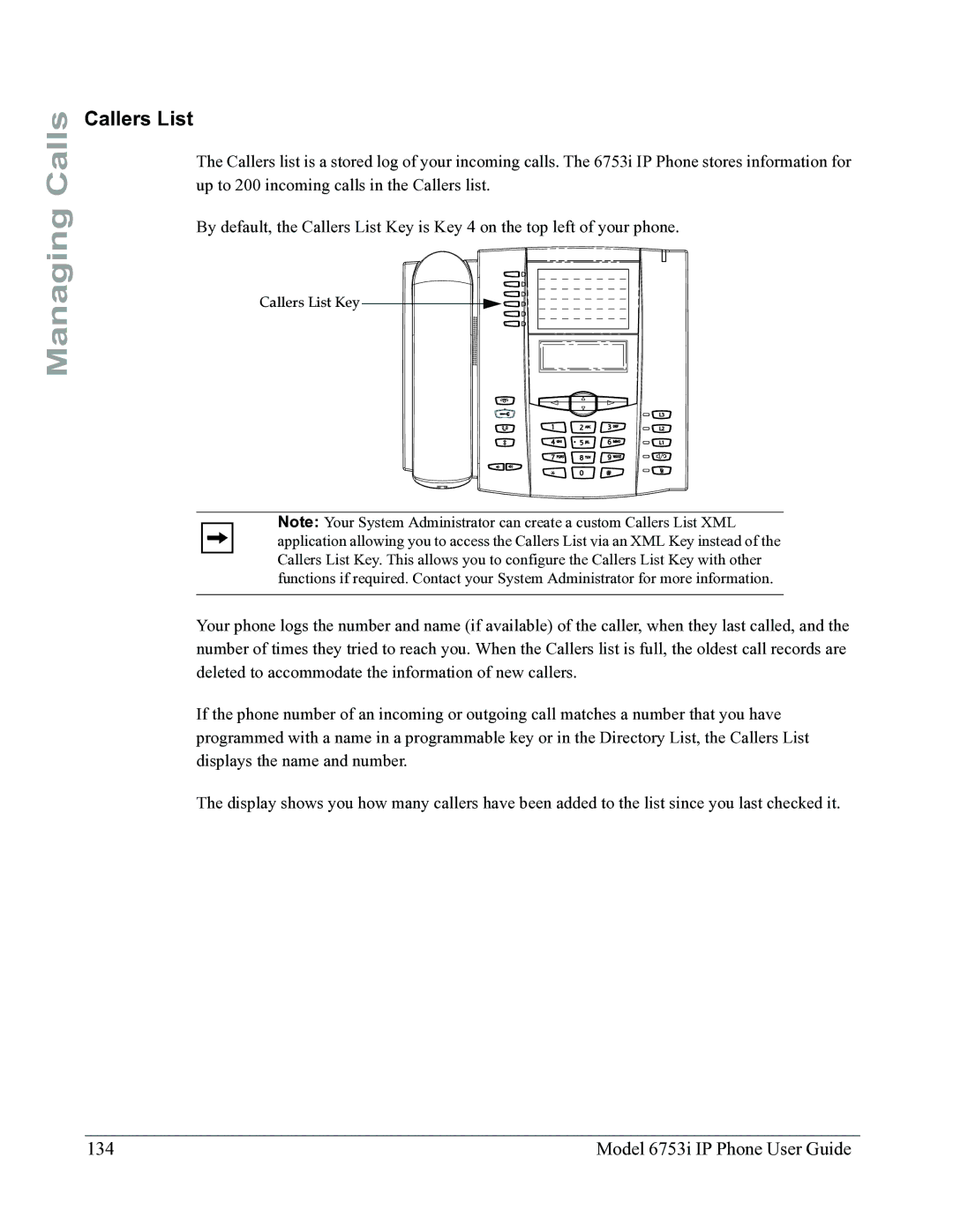 Aastra Telecom 6753I manual Callers List, Model 6753i IP Phone User Guide 