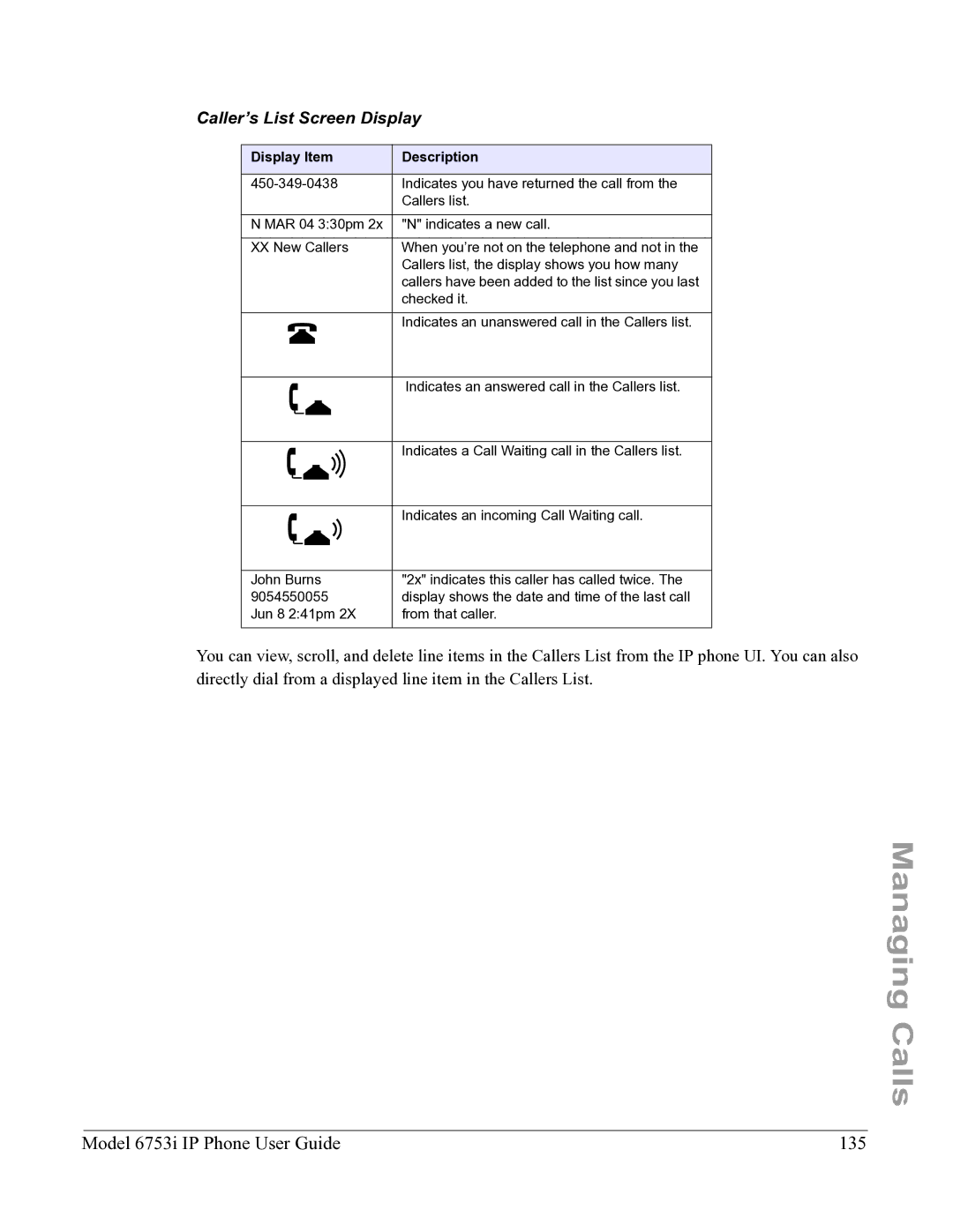 Aastra Telecom 6753I manual Model 6753i IP Phone User Guide 135, Caller’s List Screen Display, Display Item Description 