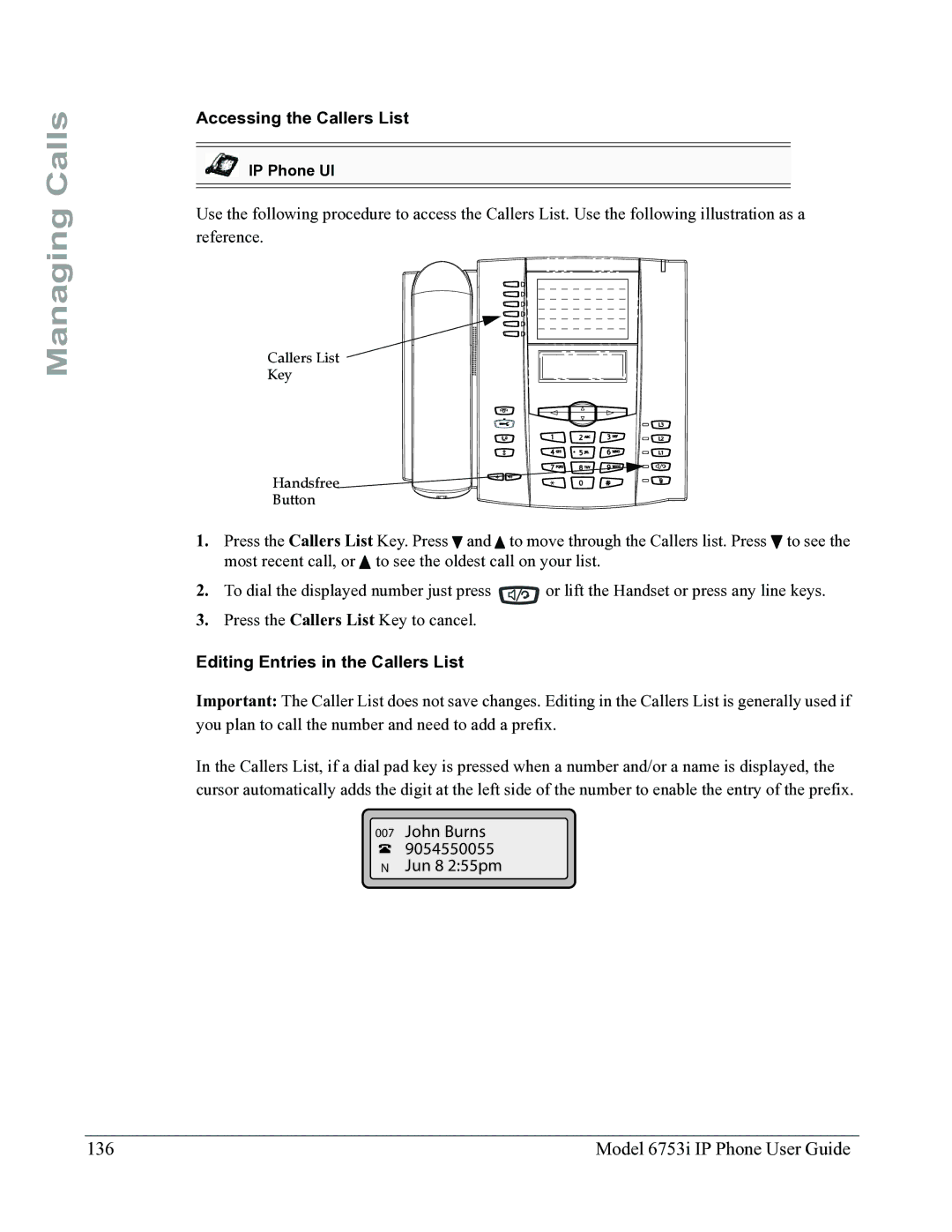 Aastra Telecom 6753I Model 6753i IP Phone User Guide, Accessing the Callers List, Editing Entries in the Callers List 