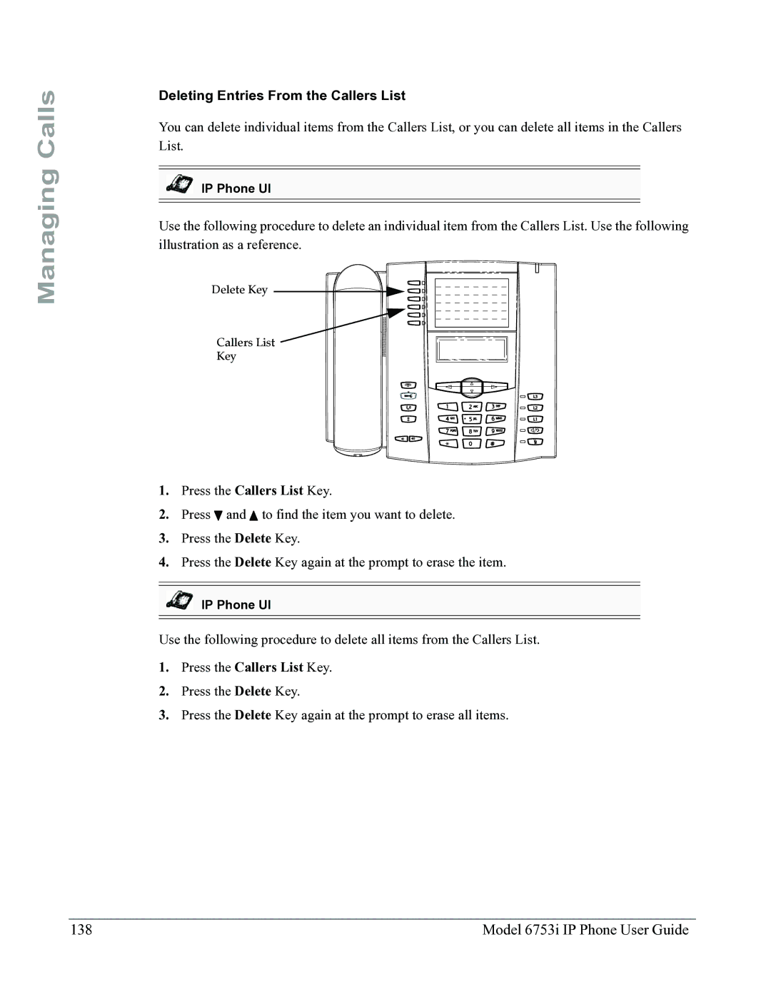 Aastra Telecom 6753I manual Model 6753i IP Phone User Guide, Deleting Entries From the Callers List 