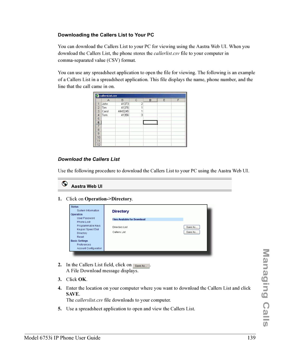 Aastra Telecom 6753I manual Model 6753i IP Phone User Guide 139, Downloading the Callers List to Your PC 