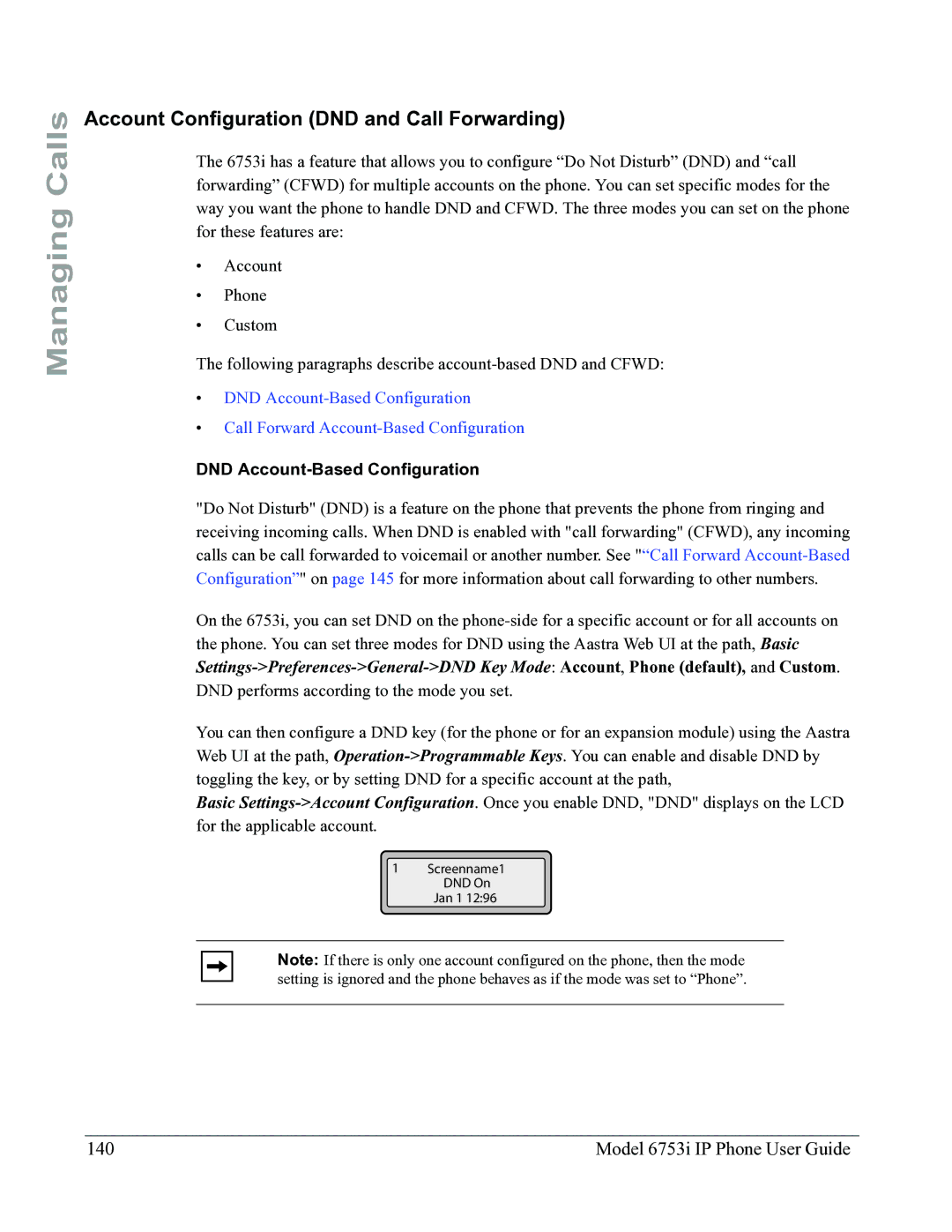 Aastra Telecom 6753I manual Account Configuration DND and Call Forwarding, Model 6753i IP Phone User Guide 