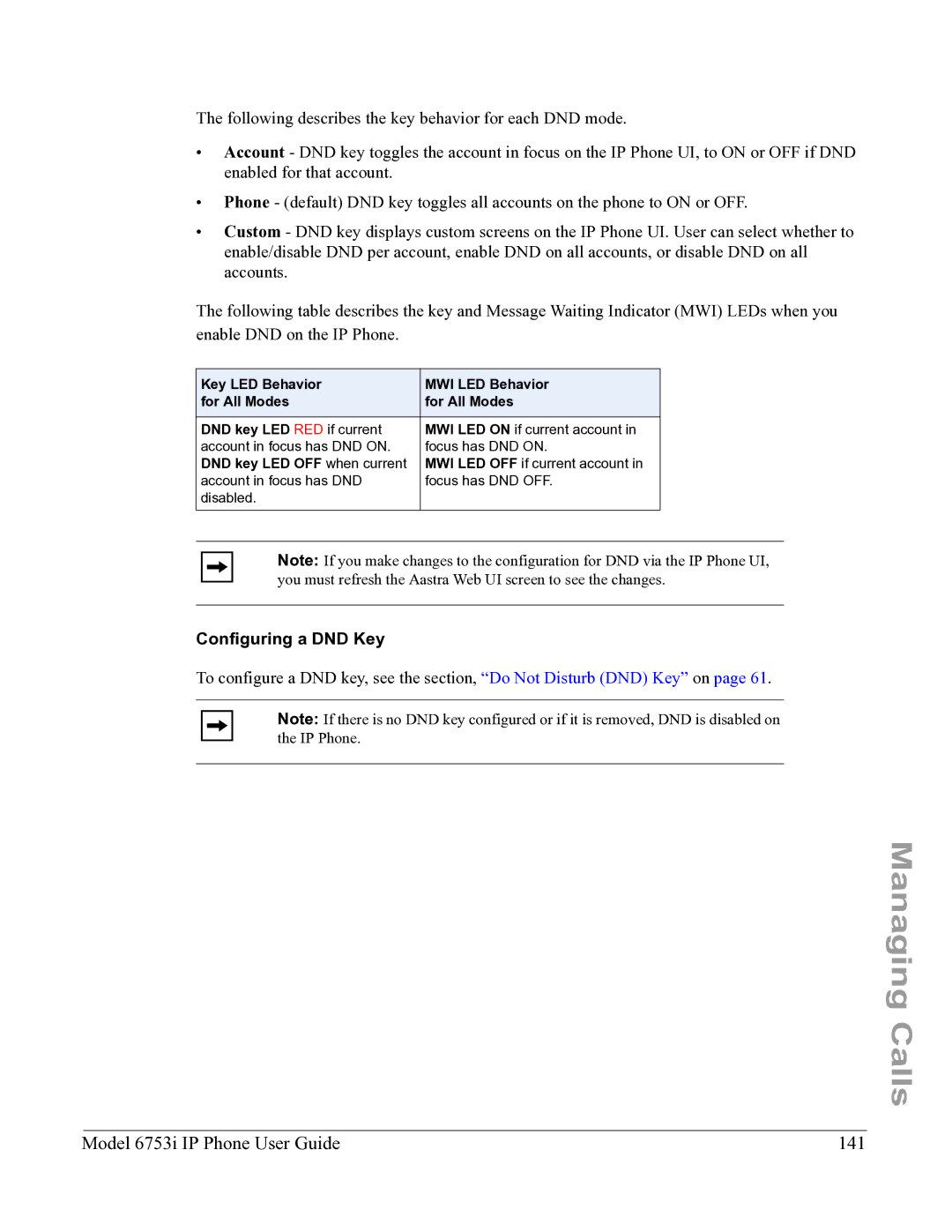 Aastra Telecom 6753I manual Model 6753i IP Phone User Guide 141, DND key LED OFF when current 