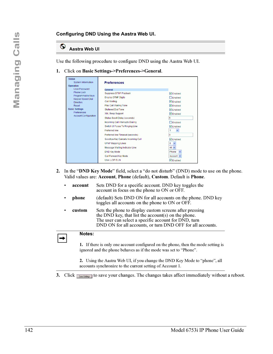 Aastra Telecom 6753I manual Model 6753i IP Phone User Guide, Configuring DND Using the Aastra Web UI 