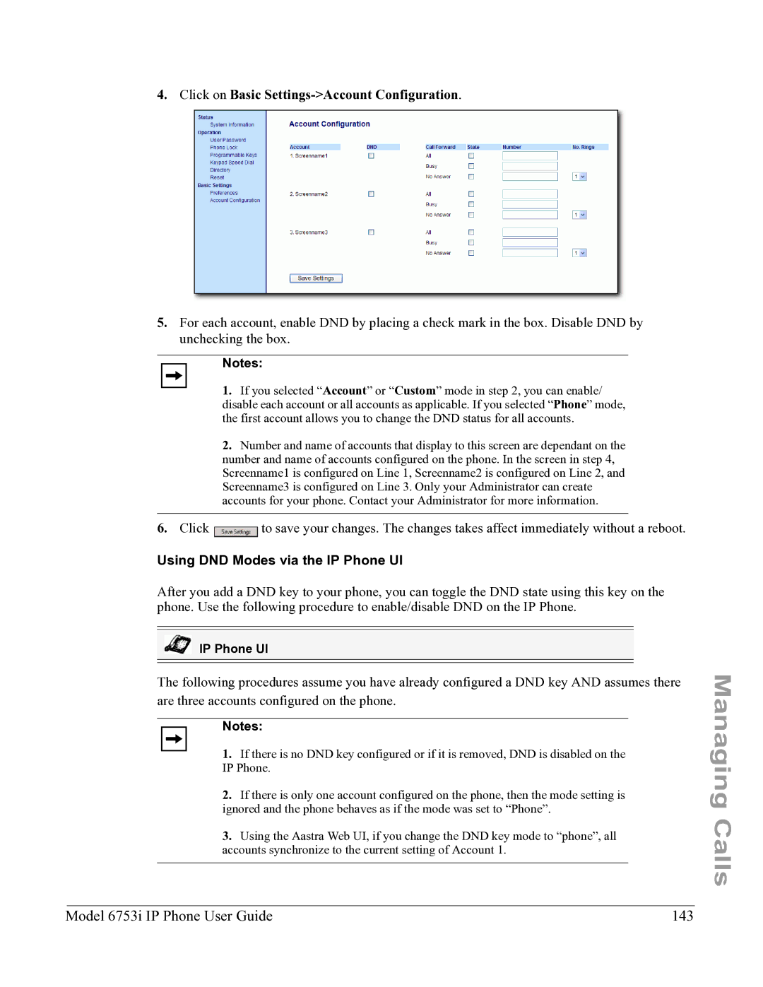 Aastra Telecom 6753I manual Model 6753i IP Phone User Guide 143, Click on Basic Settings-Account Configuration 