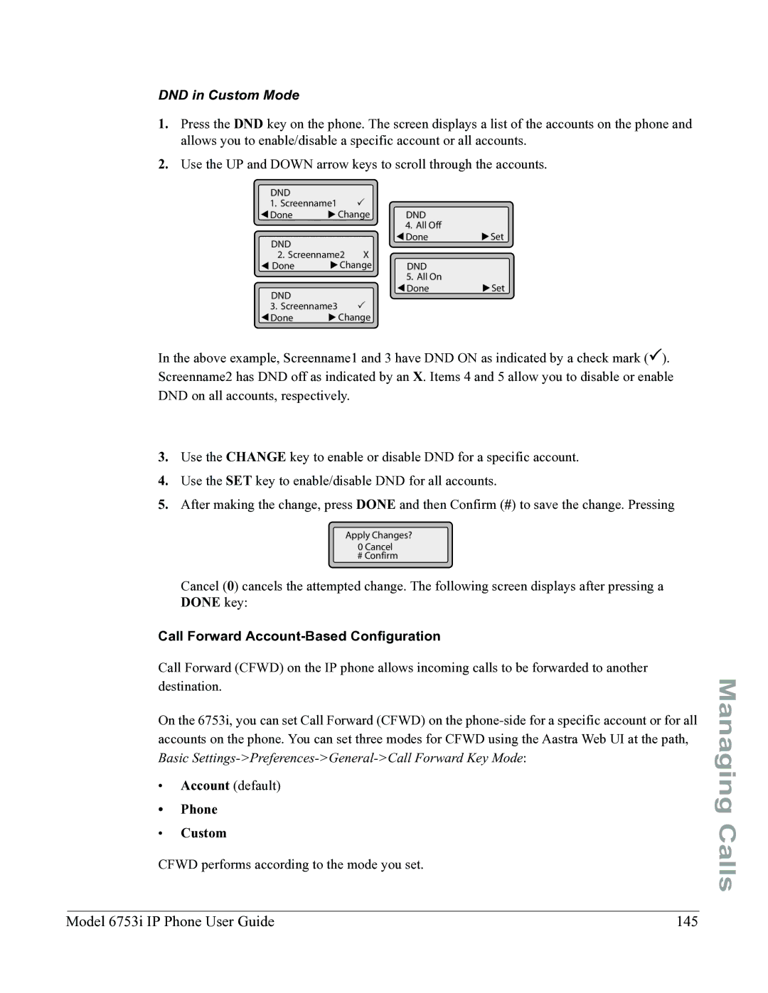 Aastra Telecom 6753I Model 6753i IP Phone User Guide 145, DND in Custom Mode, Call Forward Account-Based Configuration 