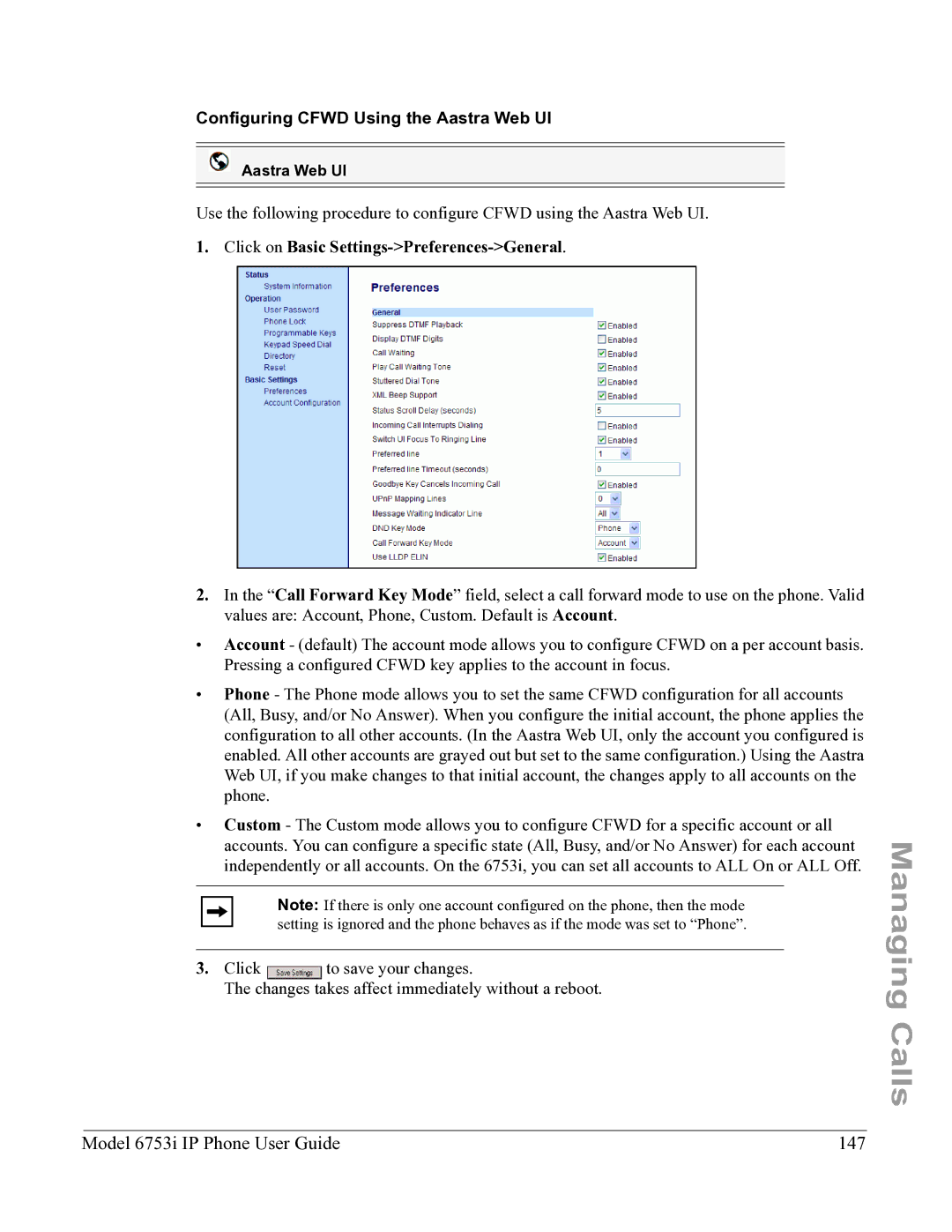 Aastra Telecom 6753I manual Model 6753i IP Phone User Guide 147, Configuring Cfwd Using the Aastra Web UI 