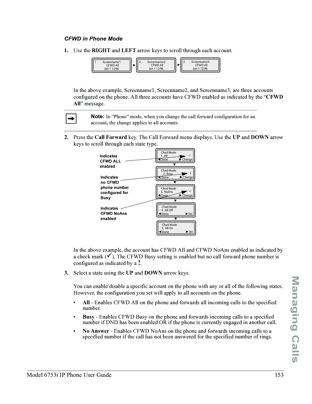 Aastra Telecom 6753I manual Model 6753i IP Phone User Guide 153, Cfwd in Phone Mode 