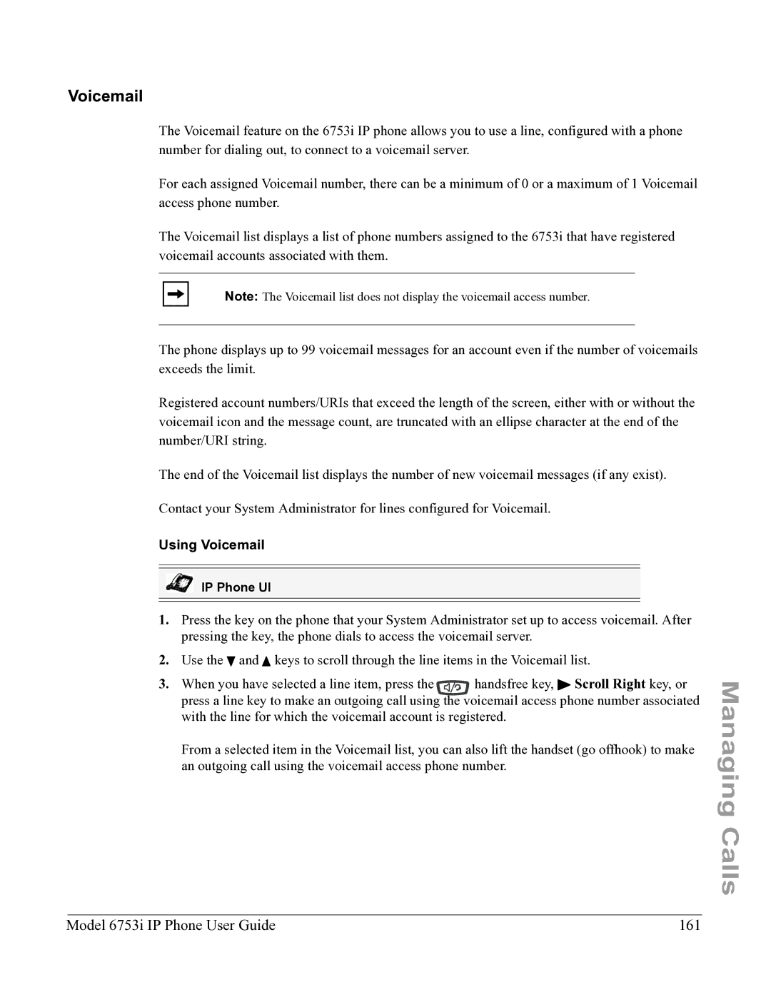 Aastra Telecom 6753I manual Model 6753i IP Phone User Guide 161, Using Voicemail 