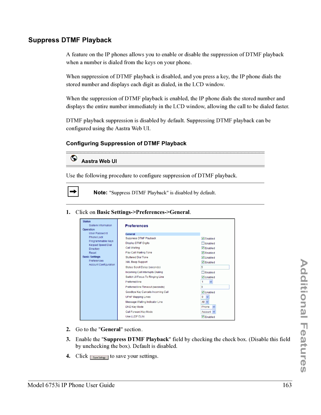 Aastra Telecom 6753I Suppress Dtmf Playback, Model 6753i IP Phone User Guide 163, Configuring Suppression of Dtmf Playback 