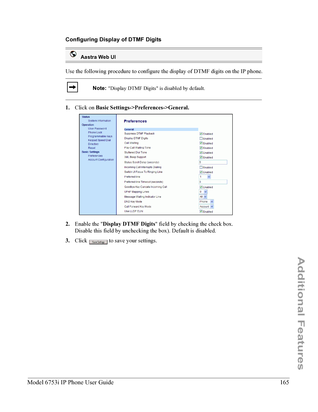 Aastra Telecom 6753I manual Model 6753i IP Phone User Guide 165, Configuring Display of Dtmf Digits 