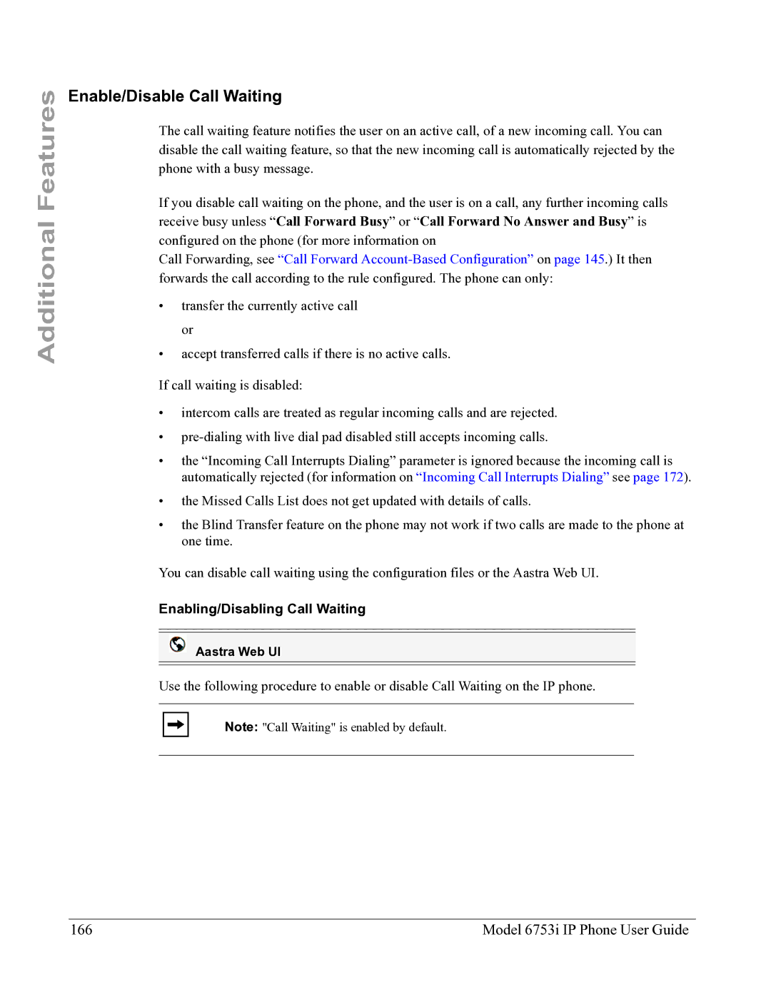 Aastra Telecom 6753I manual Enable/Disable Call Waiting, Model 6753i IP Phone User Guide, Enabling/Disabling Call Waiting 