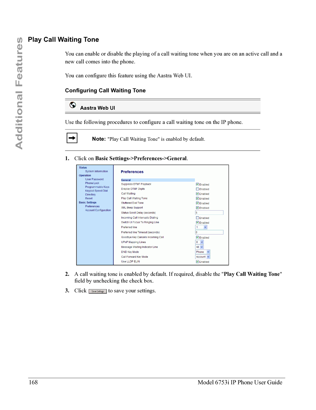 Aastra Telecom 6753I manual Play Call Waiting Tone, Model 6753i IP Phone User Guide, Configuring Call Waiting Tone 