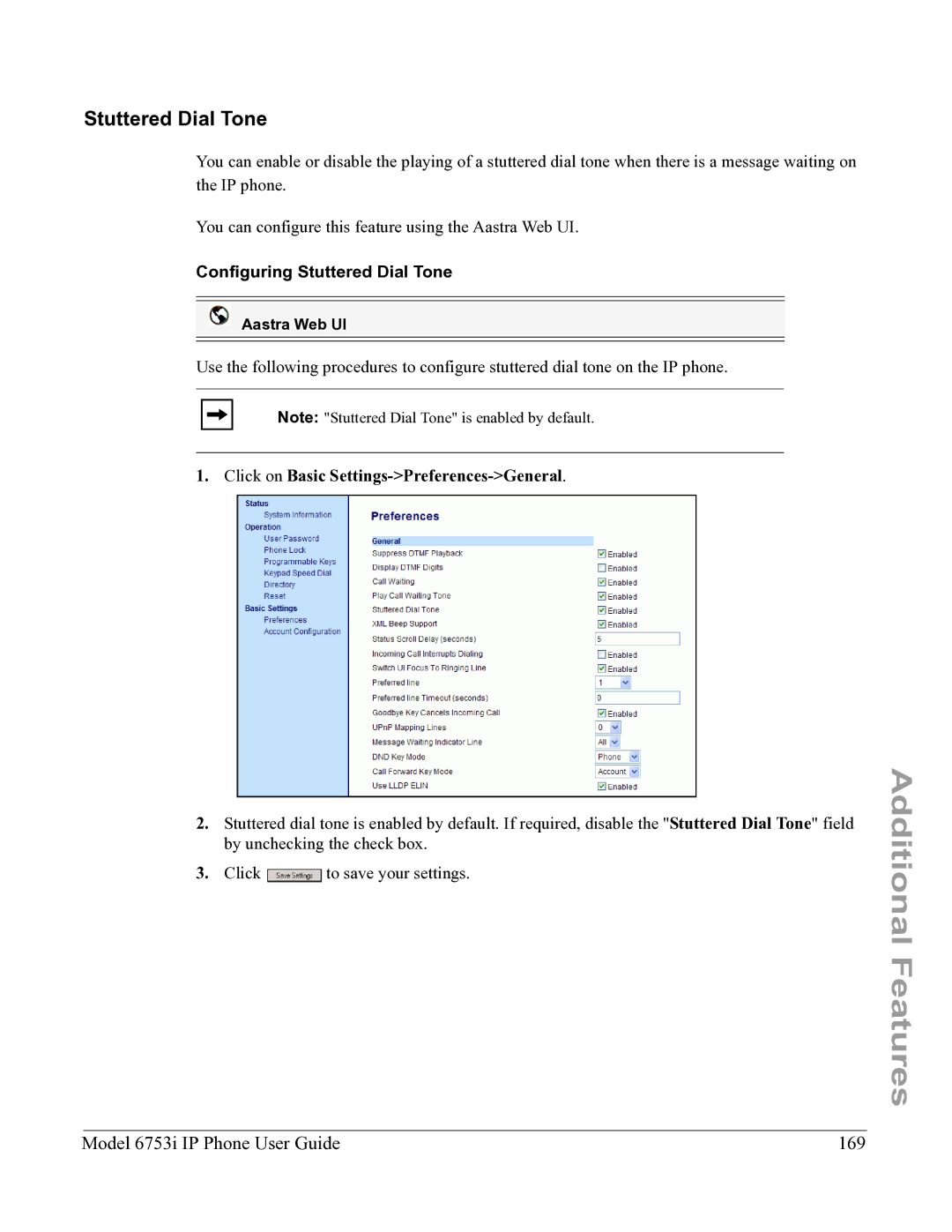 Aastra Telecom 6753I manual Model 6753i IP Phone User Guide 169, Configuring Stuttered Dial Tone 