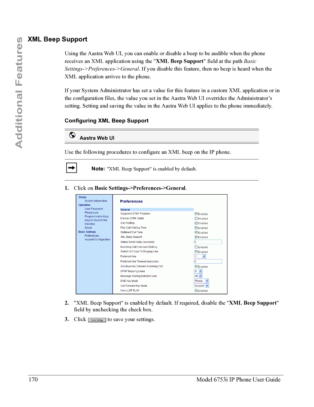 Aastra Telecom 6753I manual Model 6753i IP Phone User Guide, Configuring XML Beep Support 