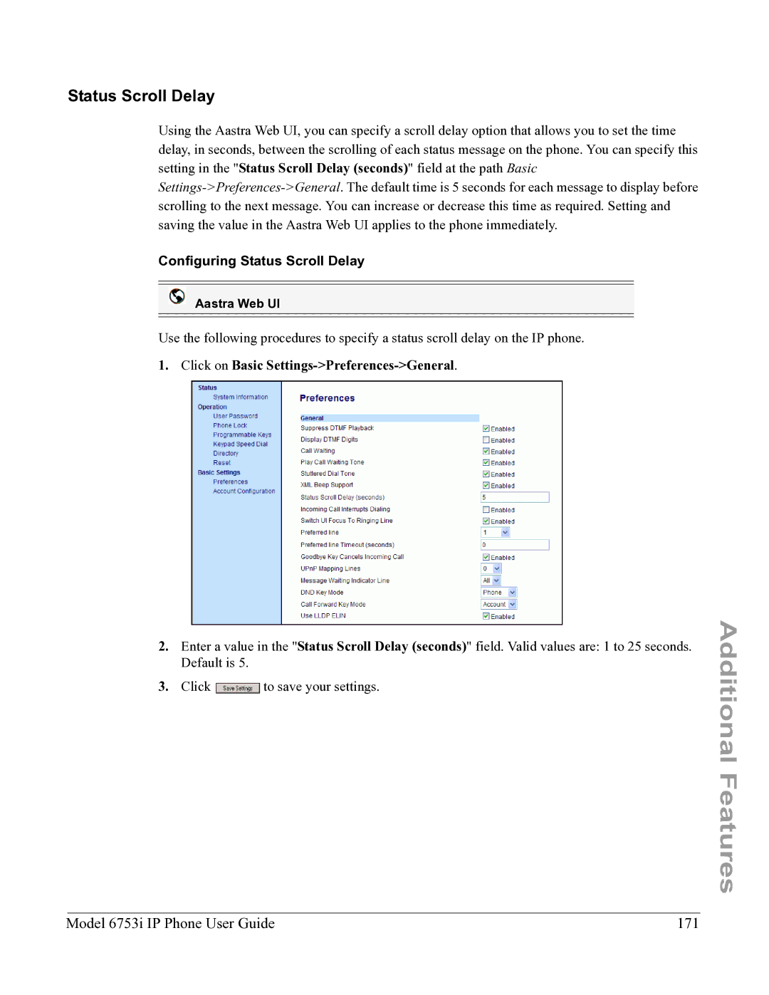 Aastra Telecom 6753I manual Model 6753i IP Phone User Guide 171, Configuring Status Scroll Delay 