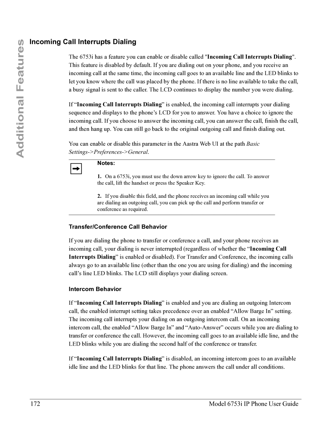 Aastra Telecom 6753I Incoming Call Interrupts Dialing, Model 6753i IP Phone User Guide, Transfer/Conference Call Behavior 