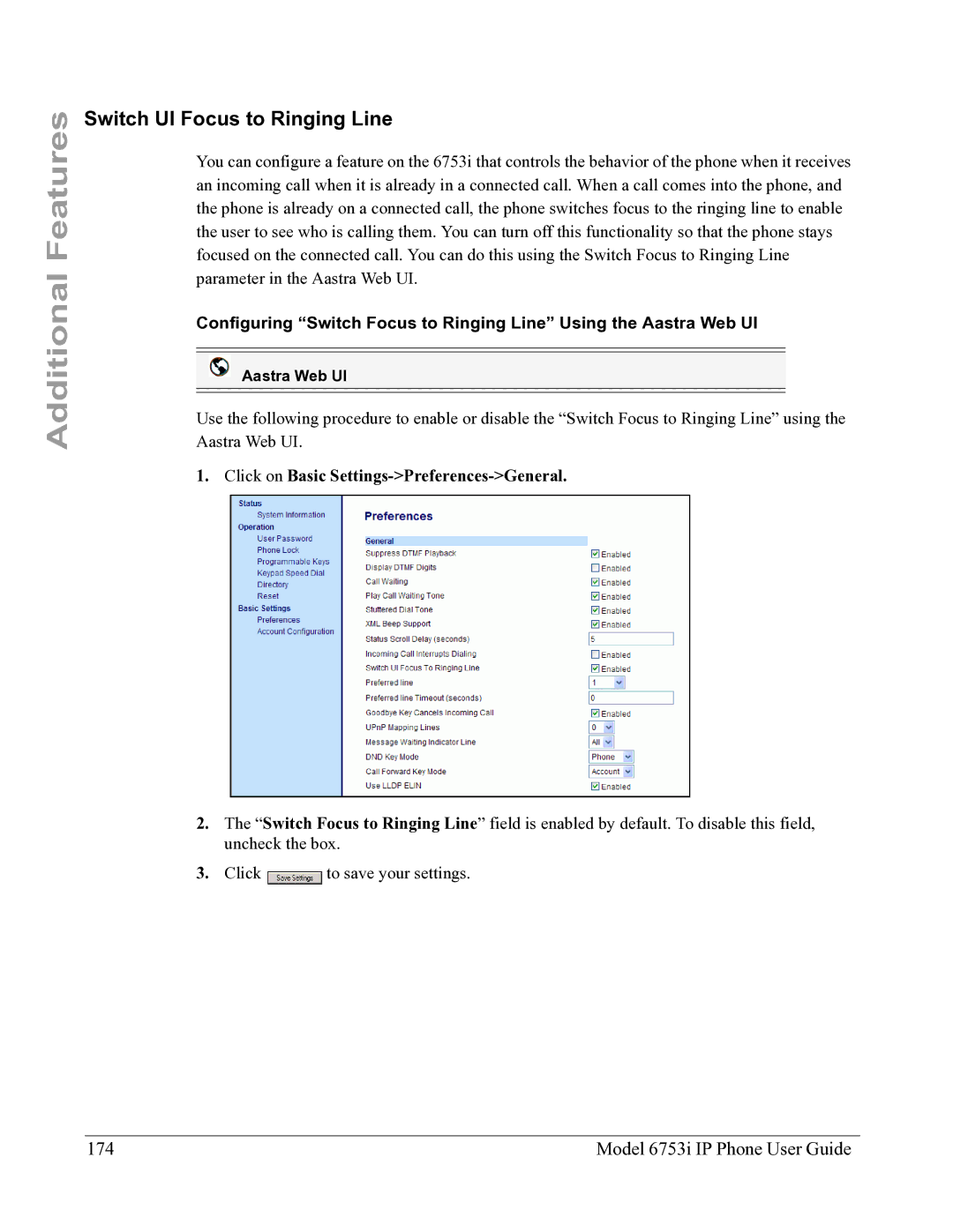 Aastra Telecom 6753I manual Switch UI Focus to Ringing Line, Model 6753i IP Phone User Guide 