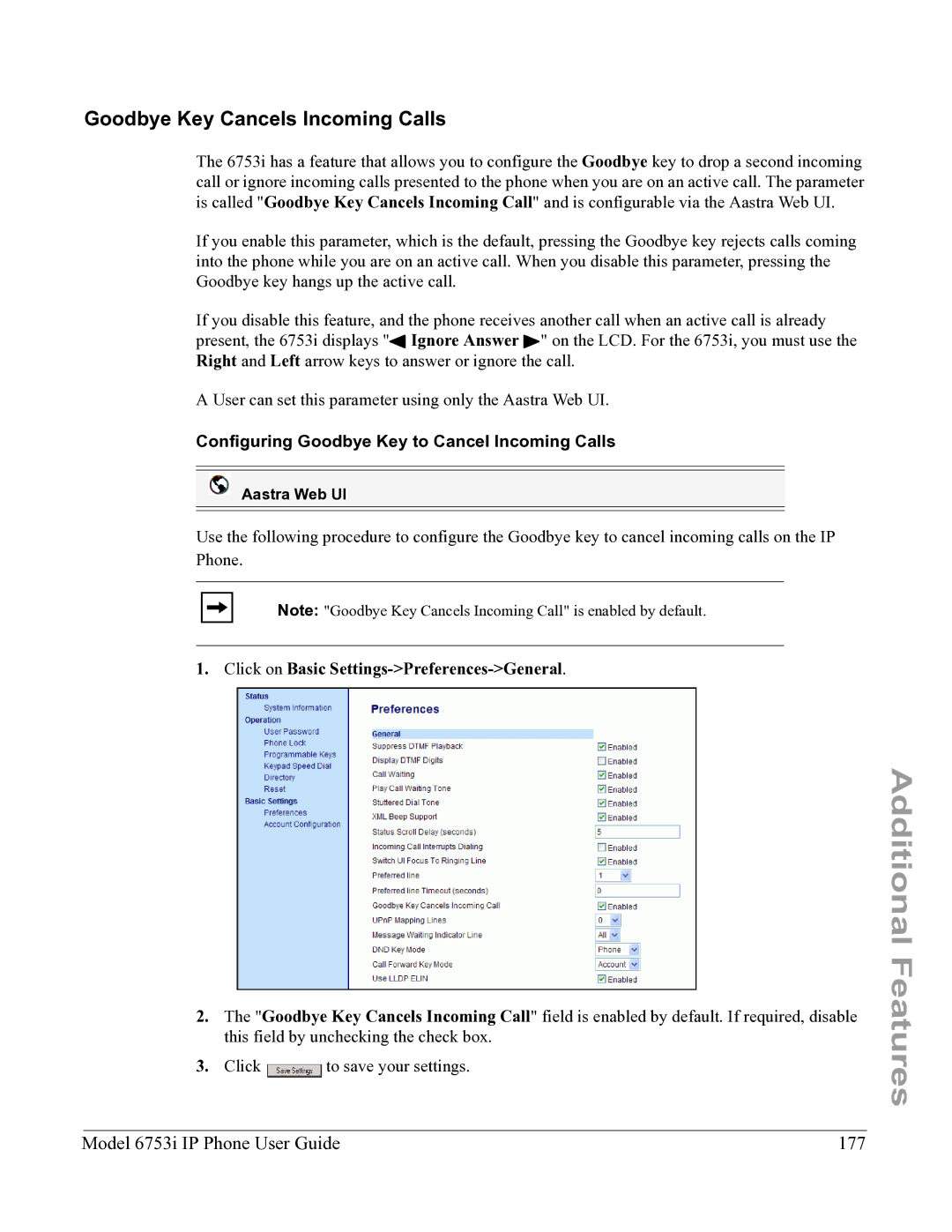 Aastra Telecom 6753I manual Goodbye Key Cancels Incoming Calls, Model 6753i IP Phone User Guide 177 