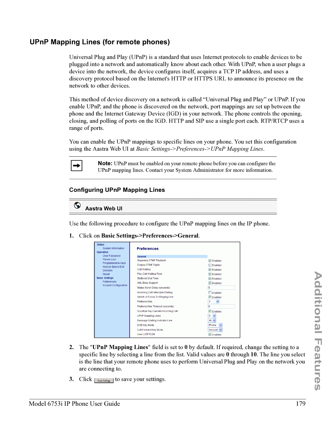 Aastra Telecom 6753I manual UPnP Mapping Lines for remote phones, Model 6753i IP Phone User Guide 179 