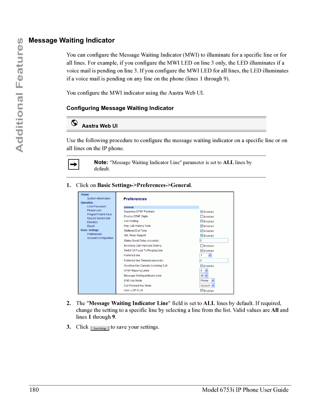 Aastra Telecom 6753I manual Model 6753i IP Phone User Guide, Configuring Message Waiting Indicator 