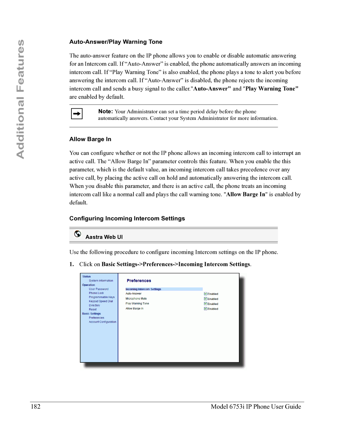 Aastra Telecom 6753I manual Model 6753i IP Phone User Guide, Auto-Answer/Play Warning Tone, Allow Barge 