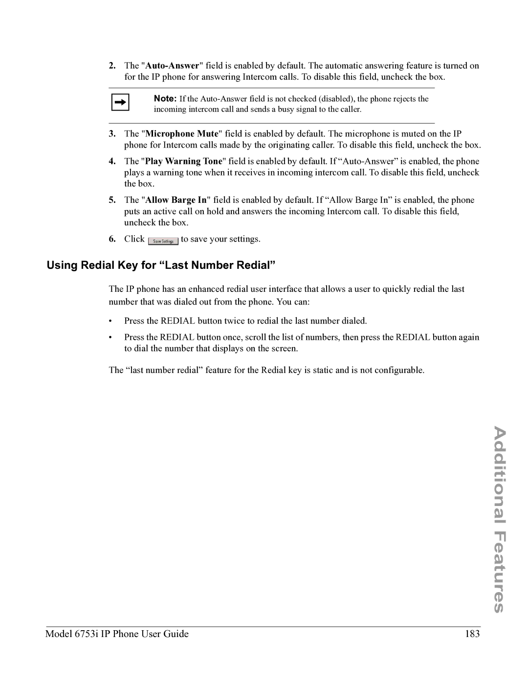 Aastra Telecom 6753I manual Using Redial Key for Last Number Redial, Model 6753i IP Phone User Guide 183 