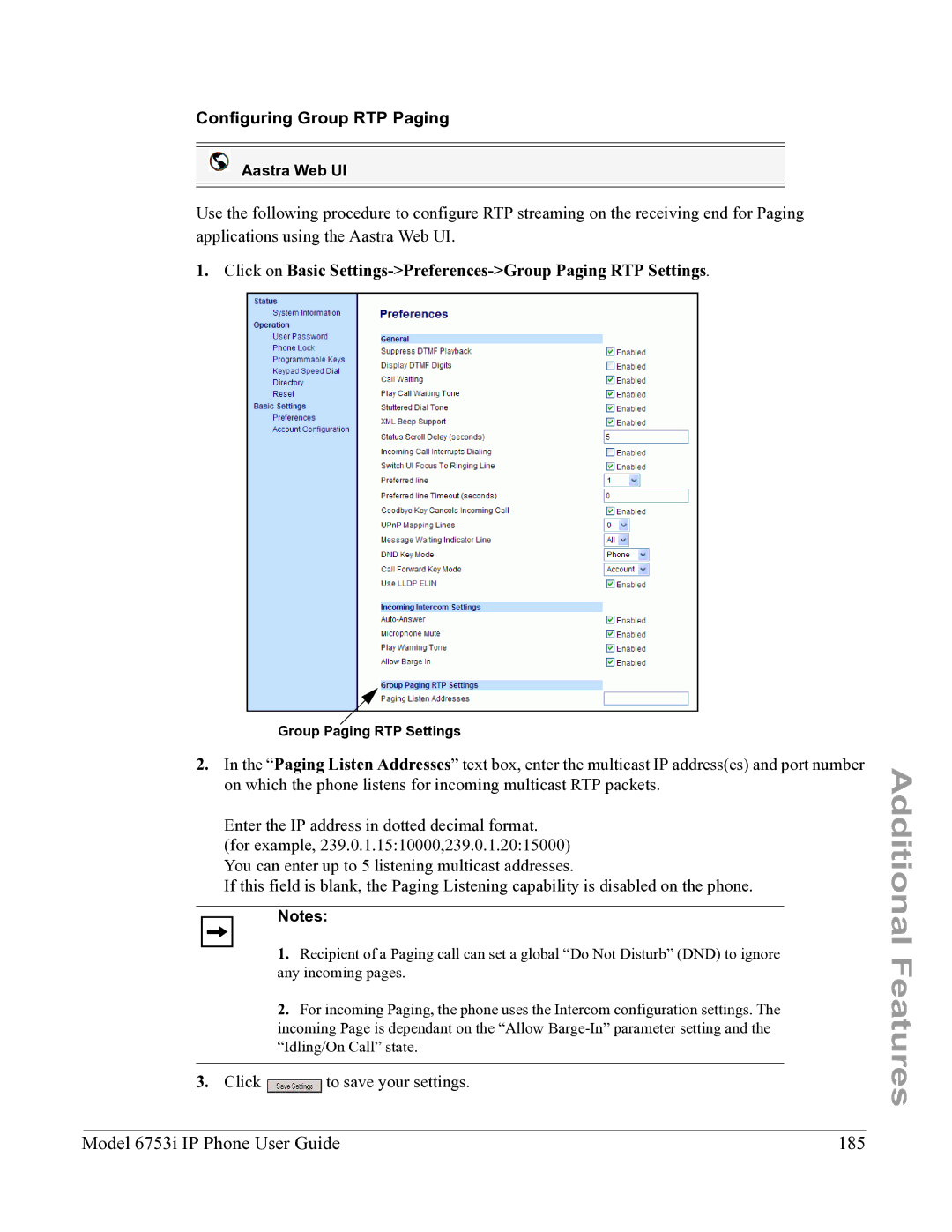 Aastra Telecom 6753I manual Model 6753i IP Phone User Guide 185, Configuring Group RTP Paging, Group Paging RTP Settings 