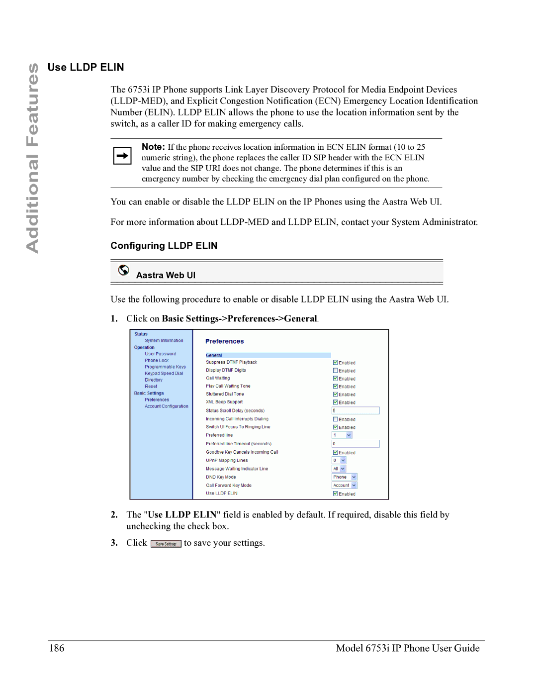 Aastra Telecom 6753I manual Model 6753i IP Phone User Guide, Configuring Lldp Elin 