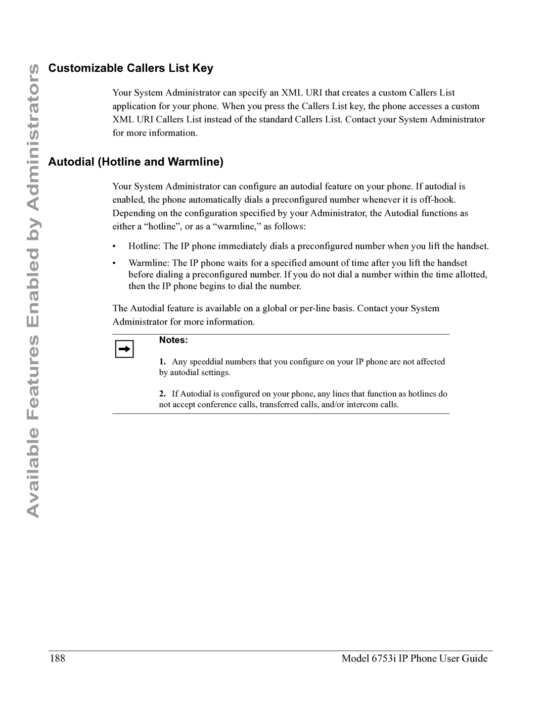 Aastra Telecom 6753I manual Customizable Callers List Key, Autodial Hotline and Warmline, Model 6753i IP Phone User Guide 