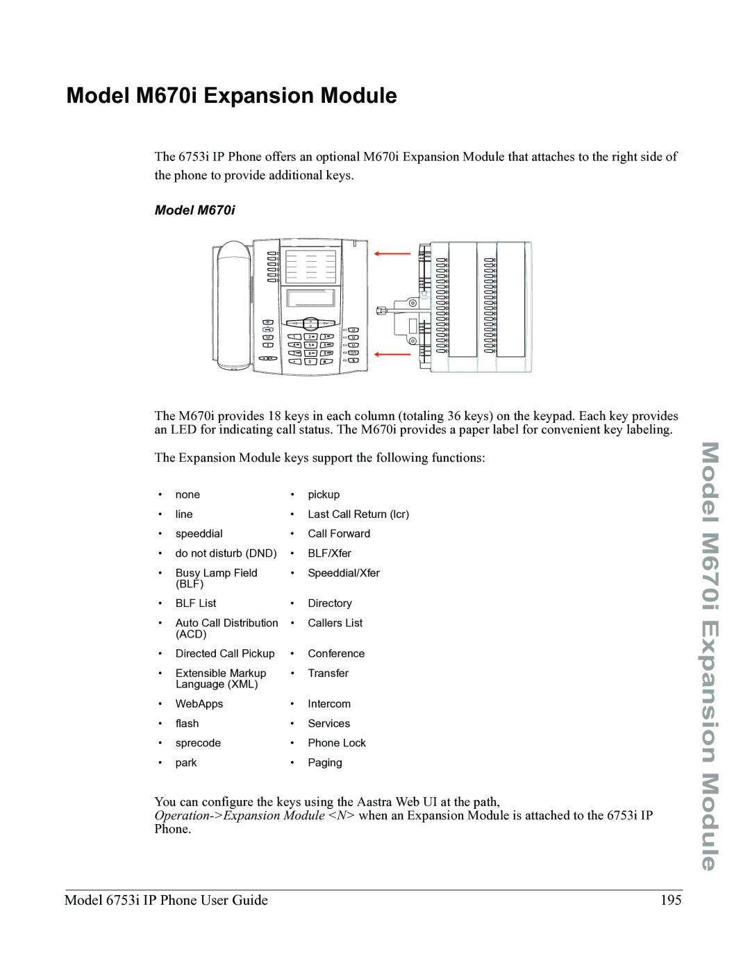 Aastra Telecom 6753I manual Model M670i Expansion Module, Model 6753i IP Phone User Guide 195 