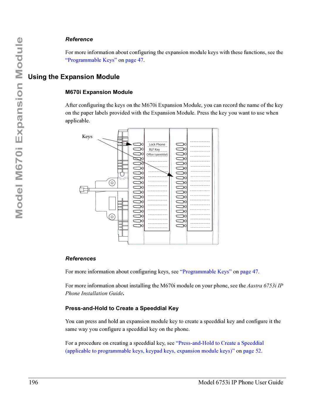 Aastra Telecom 6753I manual Using the Expansion Module, Model 6753i IP Phone User Guide, M670i Expansion Module, References 