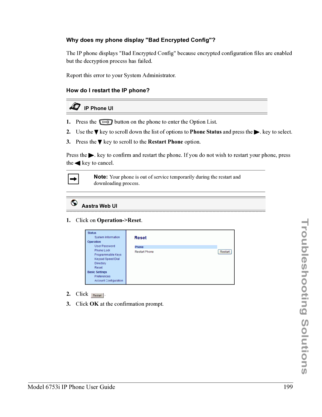 Aastra Telecom 6753I manual Model 6753i IP Phone User Guide 199, Why does my phone display Bad Encrypted Config? 