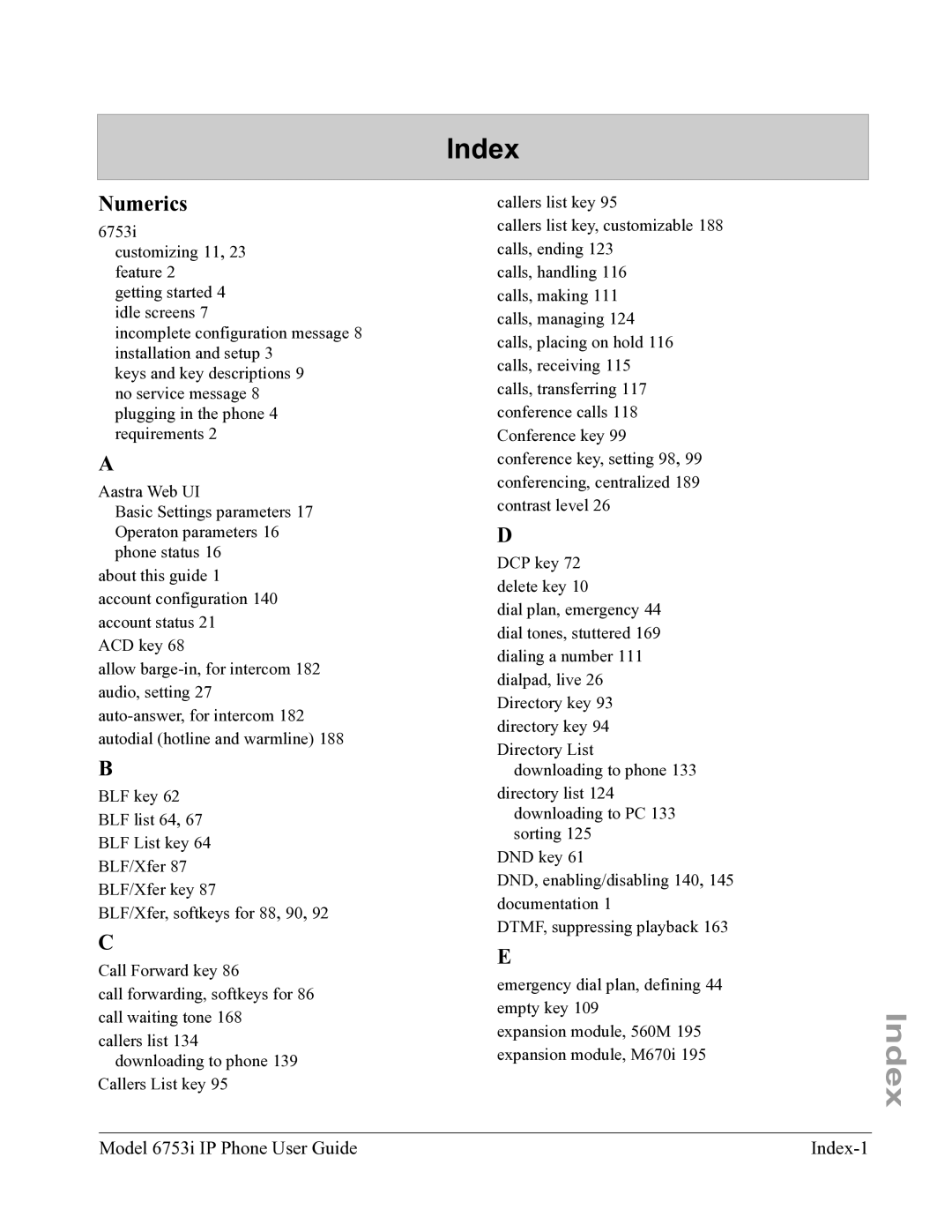 Aastra Telecom 6753I manual Model 6753i IP Phone User Guide Index-1 