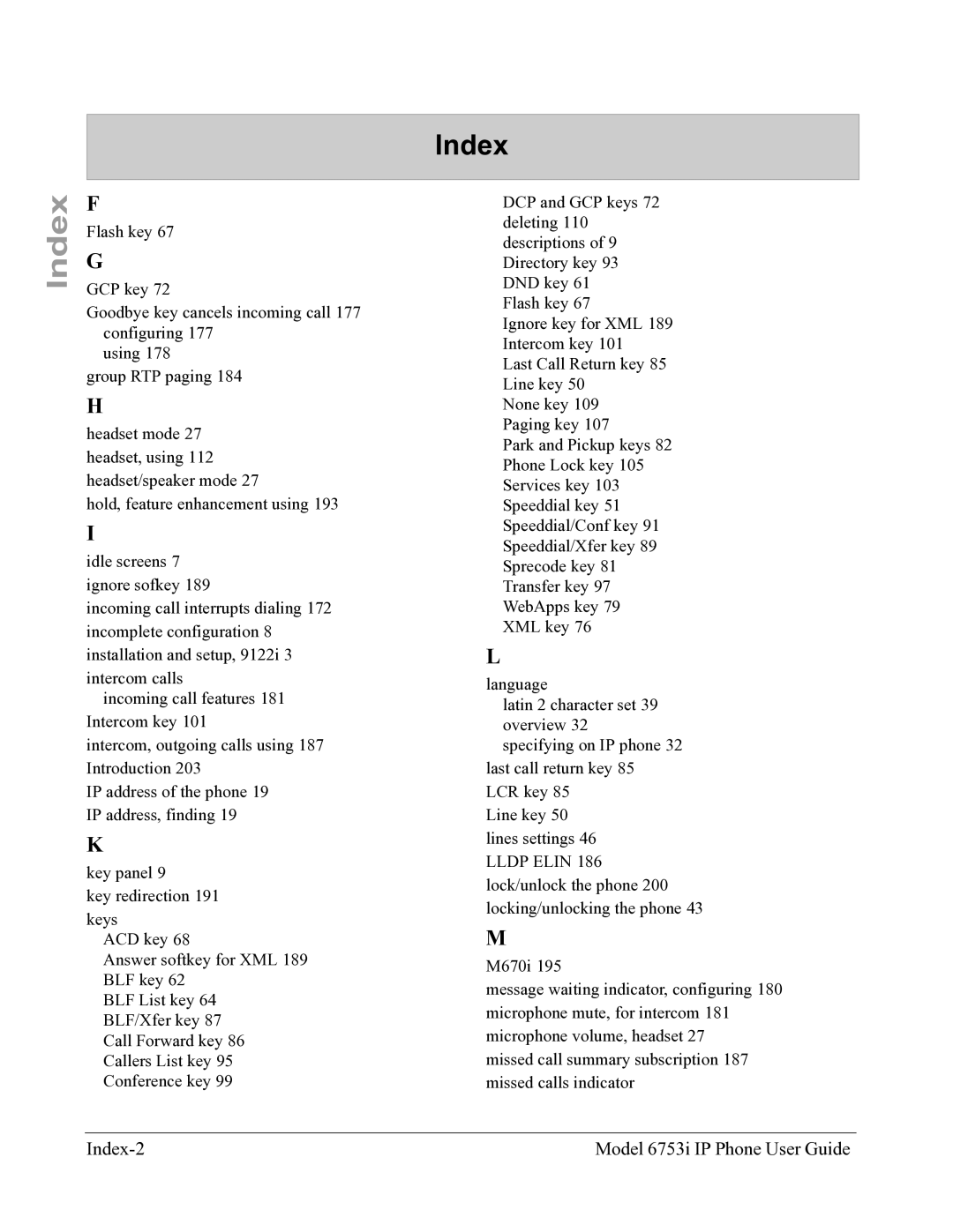 Aastra Telecom 6753I manual Index-2 Model 6753i IP Phone User Guide 