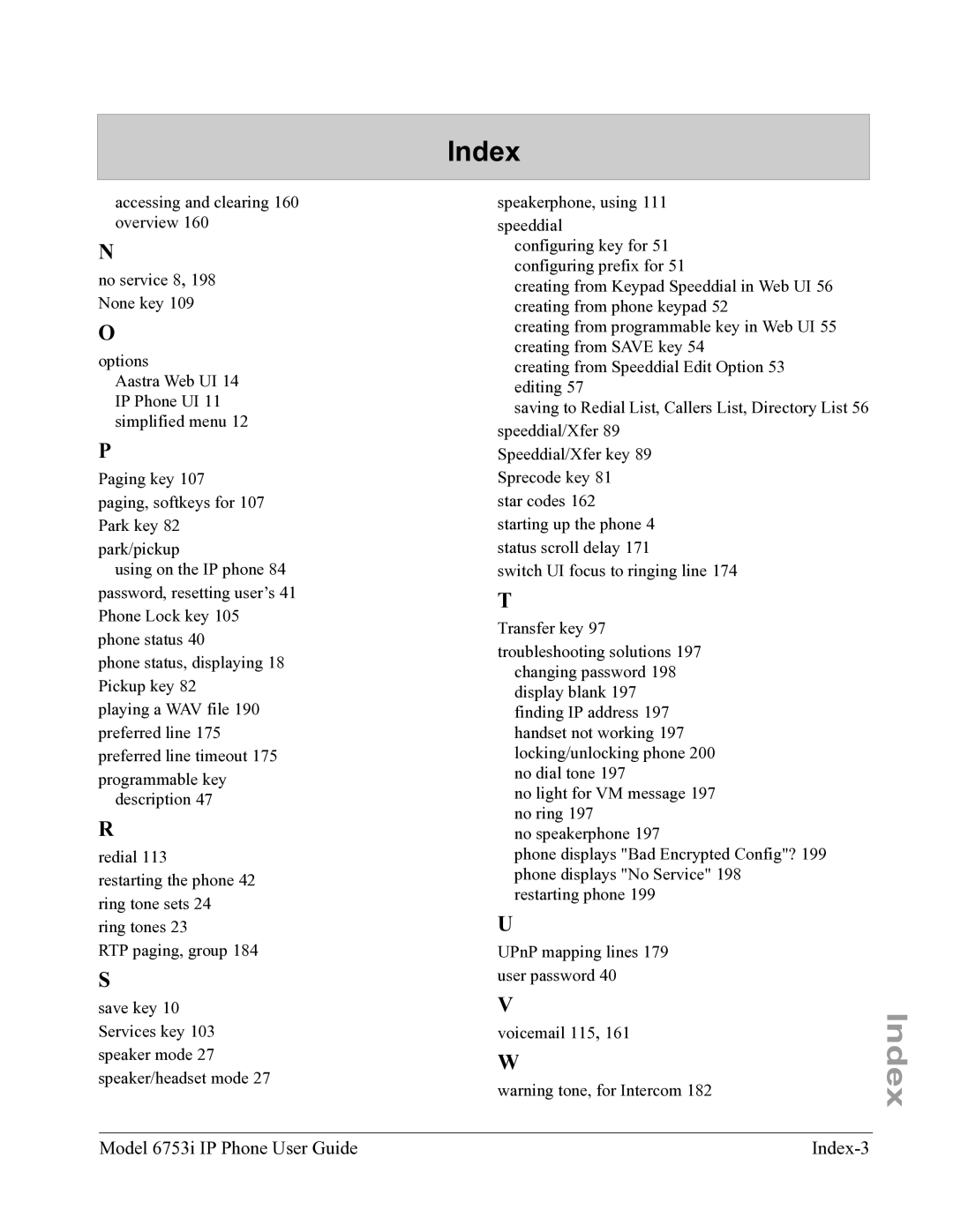 Aastra Telecom 6753I manual Model 6753i IP Phone User Guide Index-3 