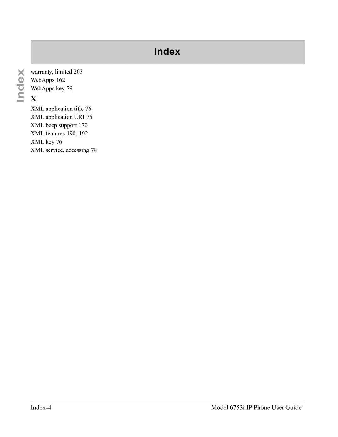 Aastra Telecom 6753I manual Index-4 Model 6753i IP Phone User Guide 