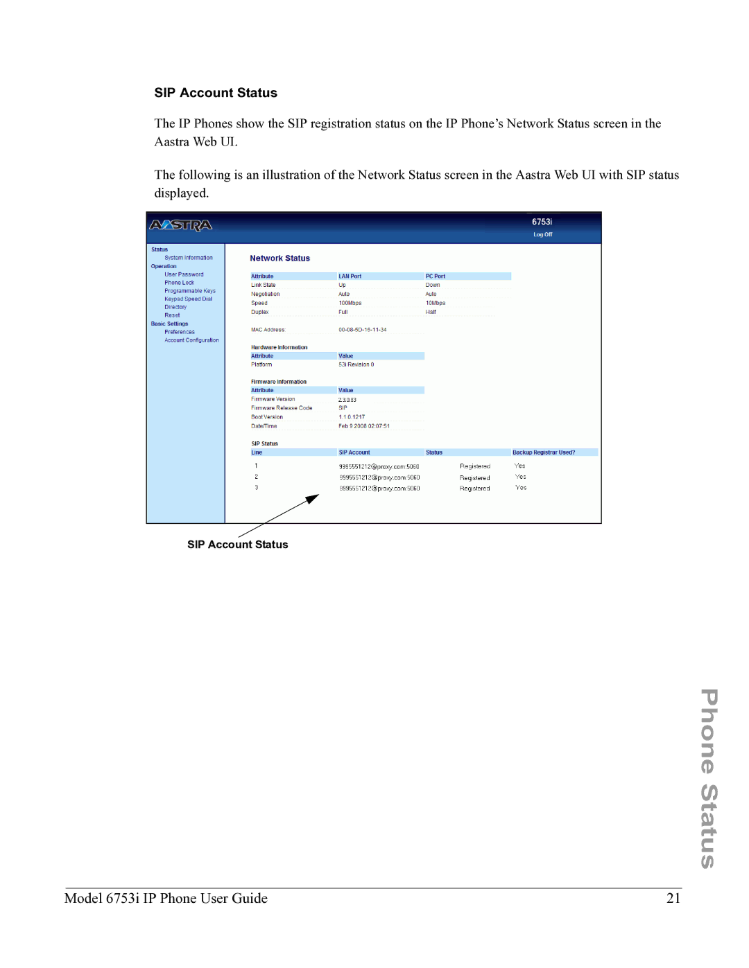 Aastra Telecom 6753I manual SIP Account Status 