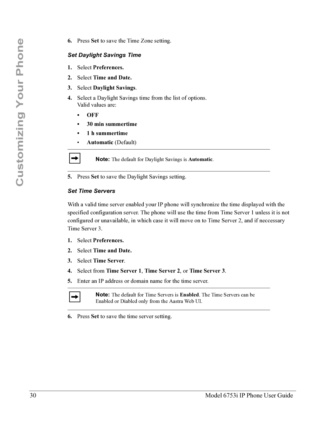 Aastra Telecom 6753I manual Set Daylight Savings Time, Min summertime Summertime Automatic Default, Set Time Servers 