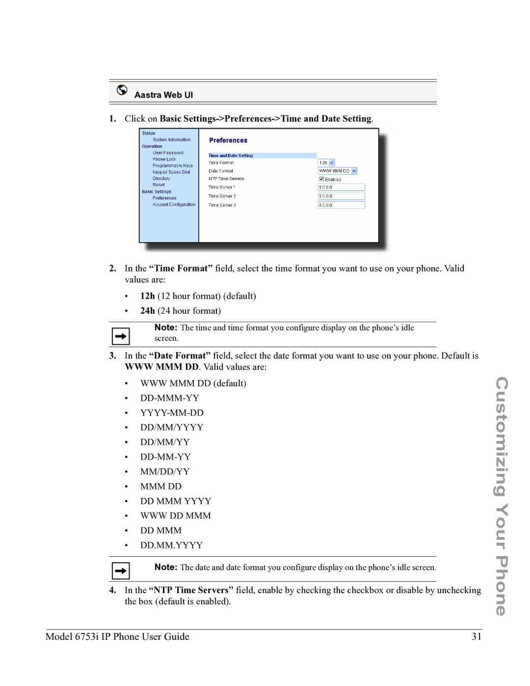 Aastra Telecom 6753I manual Click on Basic Settings-Preferences-Time and Date Setting 