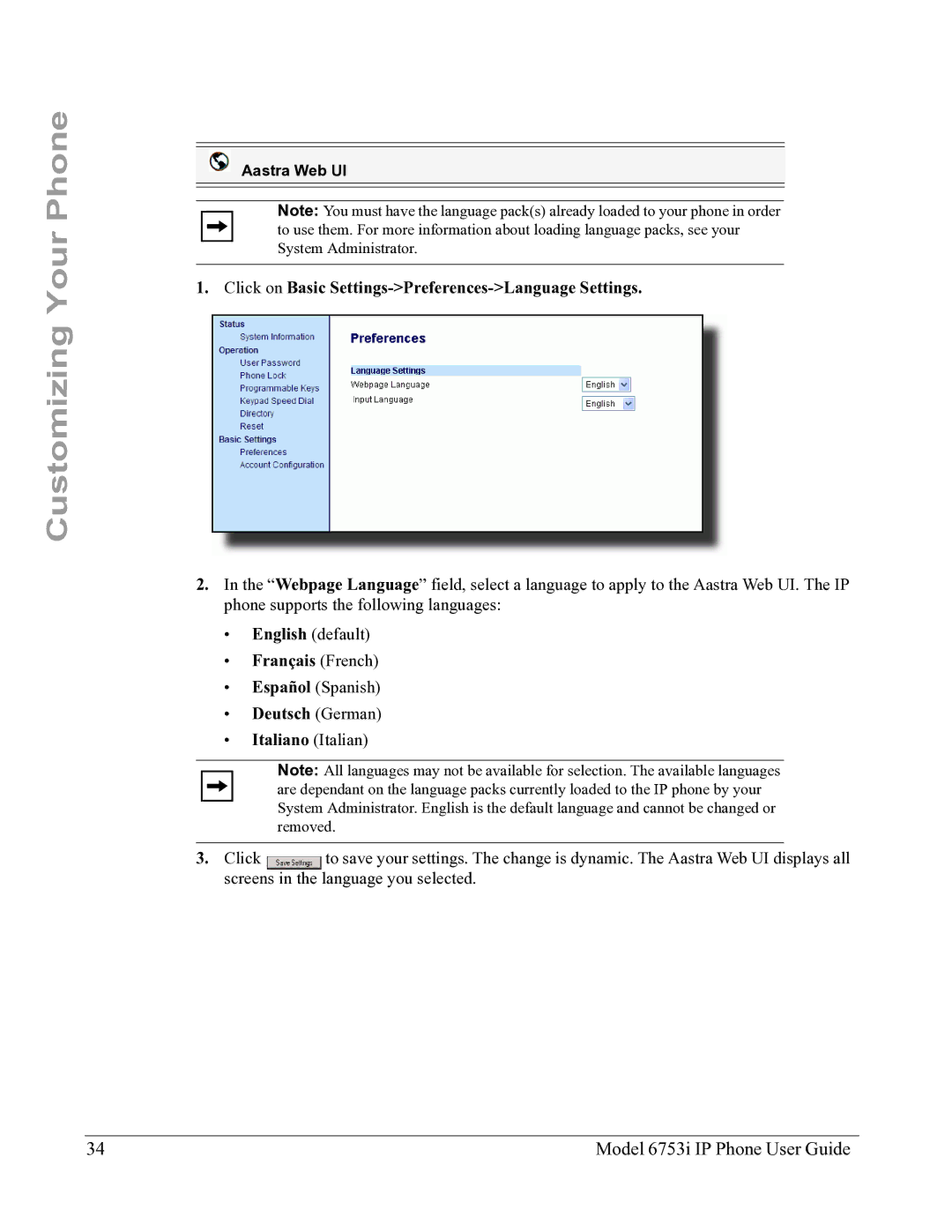 Aastra Telecom 6753I manual Click on Basic Settings-Preferences-Language Settings 