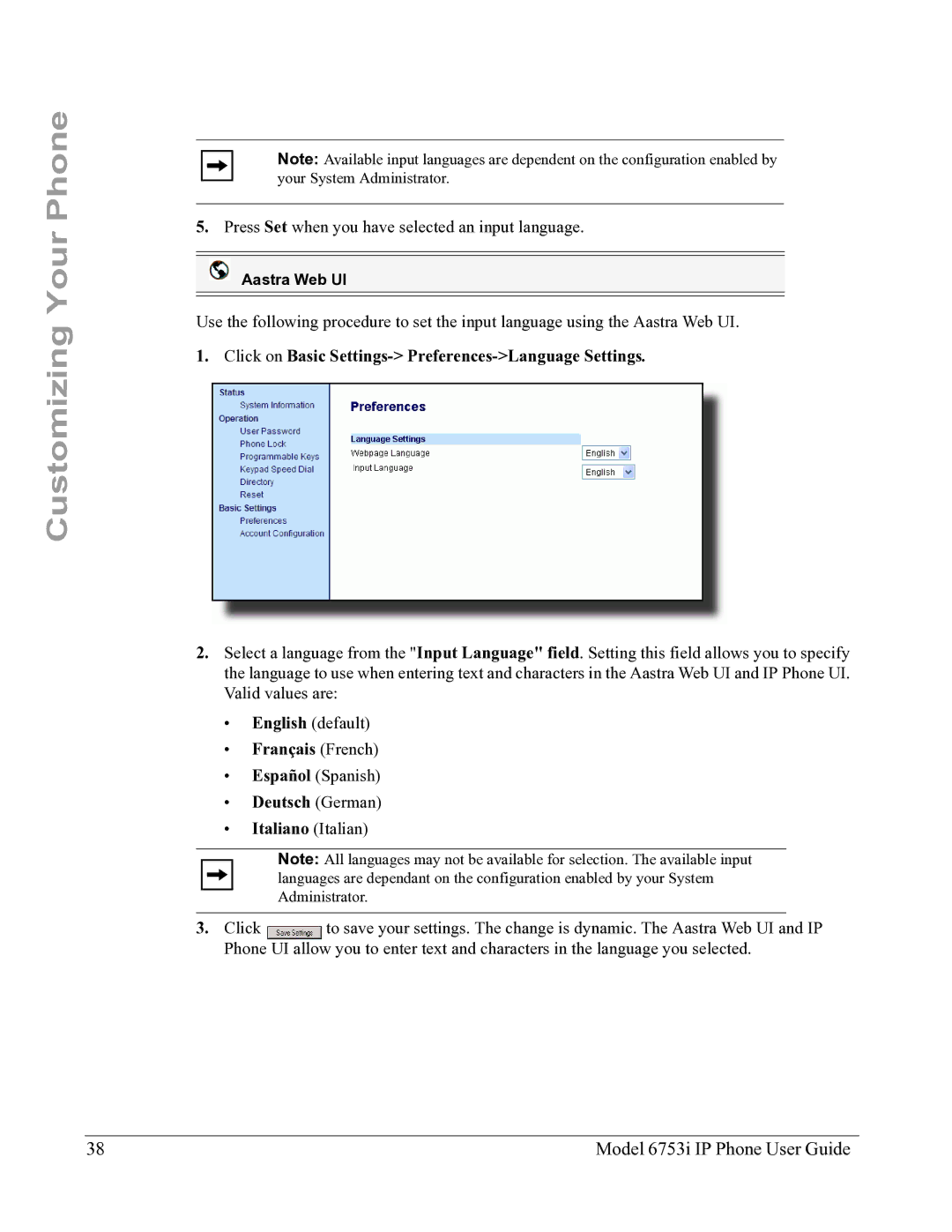 Aastra Telecom 6753I manual Click on Basic Settings- Preferences-Language Settings 