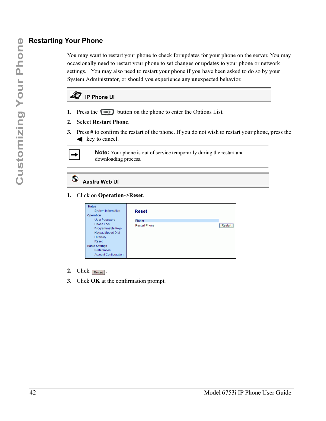 Aastra Telecom 6753I manual Restarting Your Phone, Select Restart Phone, Click on Operation-Reset 