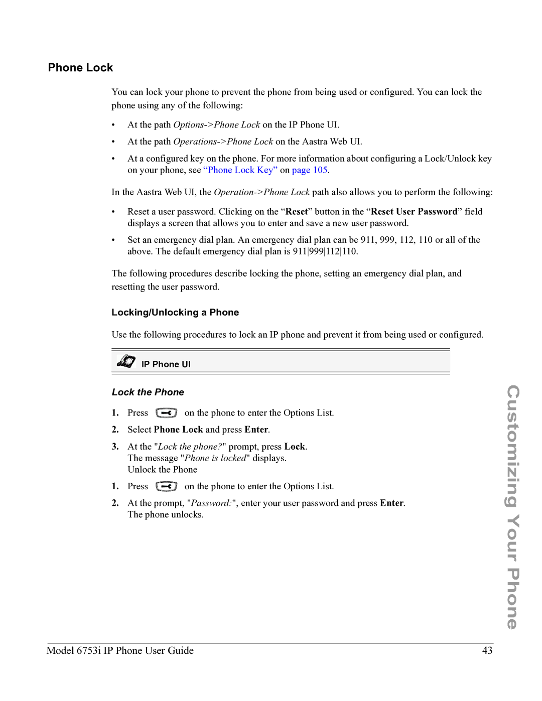 Aastra Telecom 6753I manual Phone Lock, Locking/Unlocking a Phone, Lock the Phone 