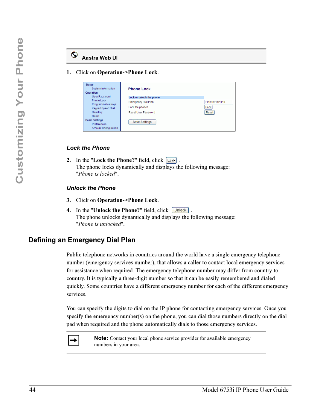 Aastra Telecom 6753I manual Defining an Emergency Dial Plan, Click on Operation-Phone Lock, Lock the Phone? field, click 