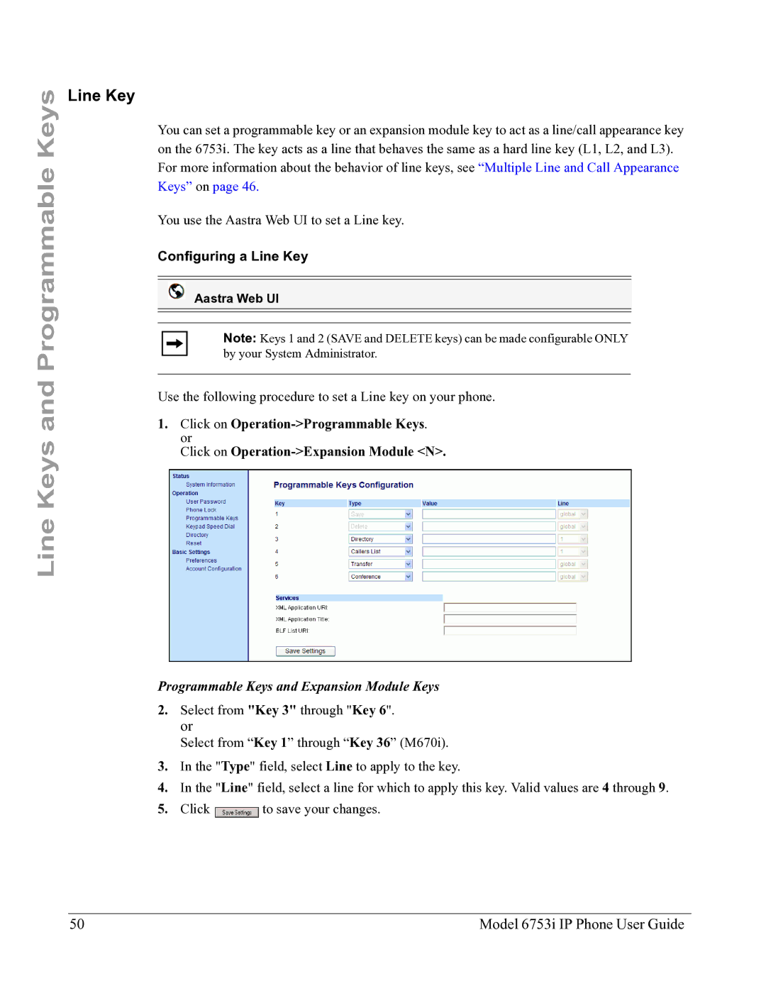 Aastra Telecom 6753I manual Configuring a Line Key 