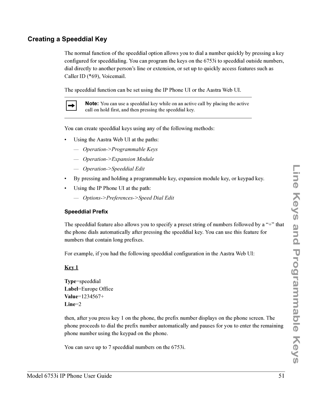 Aastra Telecom 6753I manual Creating a Speeddial Key, Speeddial Prefix, Line=2 